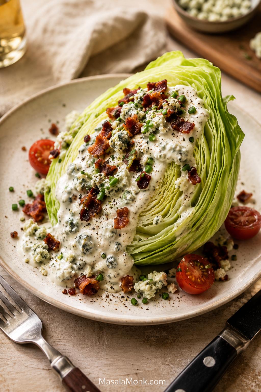 Iceberg lettuce wedge on a cream plate with blue cheese dressing, bacon, cherry tomatoes, chives, blue cheese crumbles, black pepper, and a fork and knife nearby.