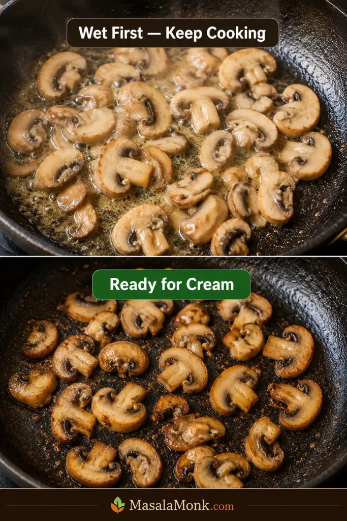 Two stages of mushrooms cooking in a pan: wet pale mushrooms labeled Wet First — Keep Cooking and browned mushrooms labeled Ready for Cream.