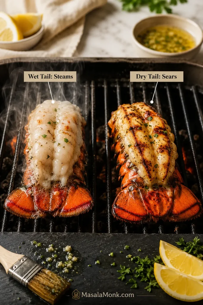 Wet lobster tail steaming compared with dry lobster tail searing on a grill.