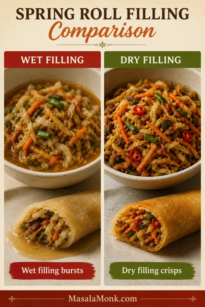 A side-by-side comparison of wet spring roll filling and dry cooked spring roll filling.