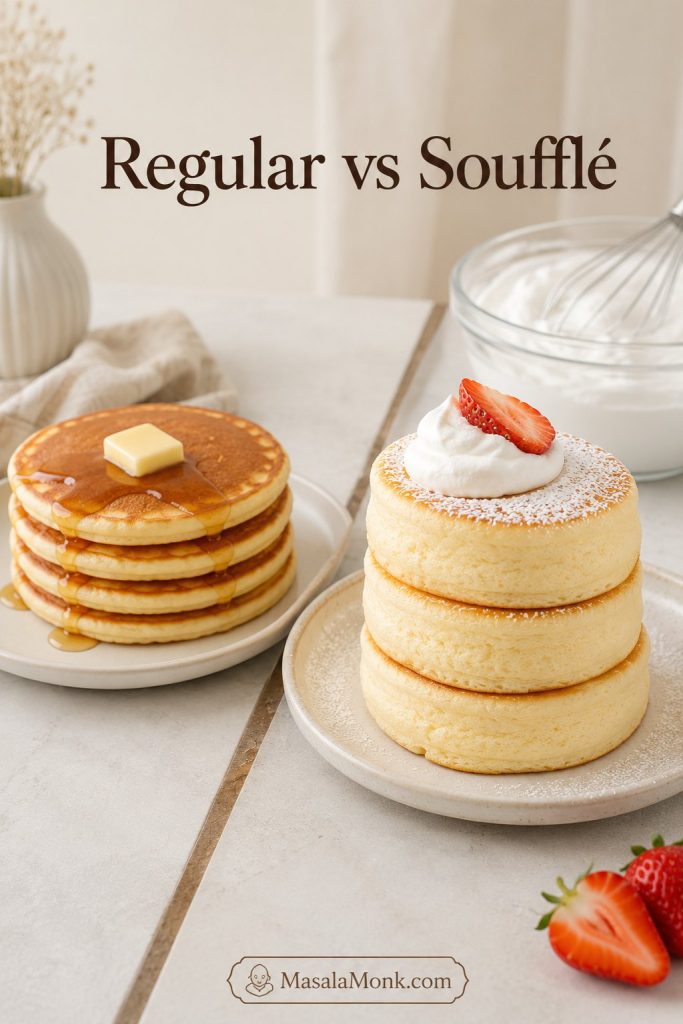 Regular pancakes compared with taller Japanese soufflé pancakes and a meringue bowl in the background.