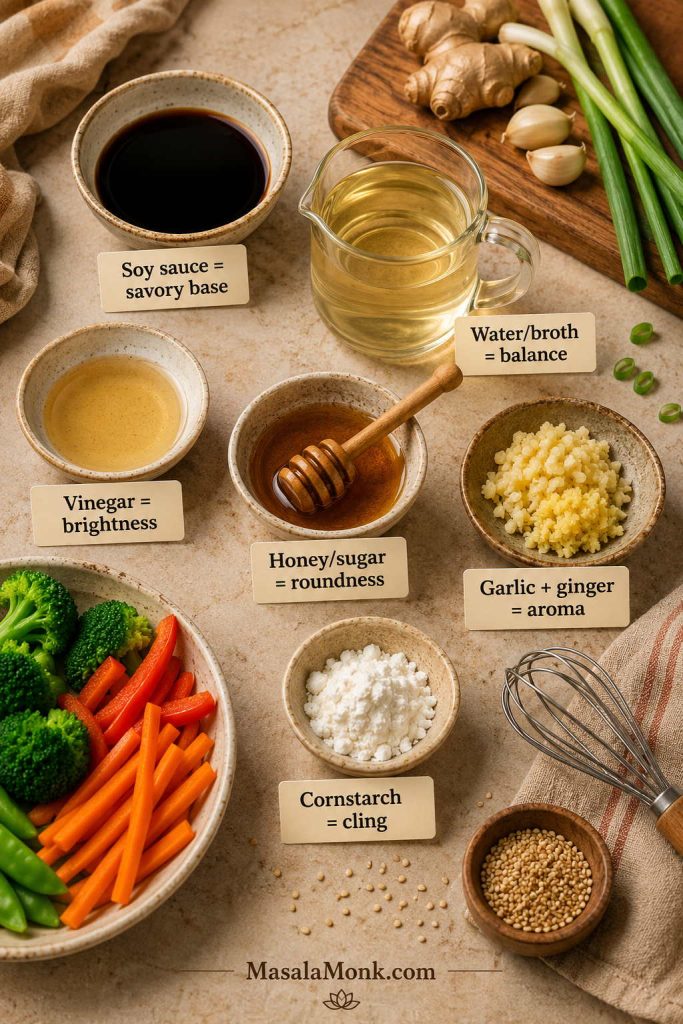 Ingredient-role graphic with labeled bowls showing soy sauce as savory base, water or broth as balance, vinegar as brightness, honey as roundness, garlic and ginger as aroma, and cornstarch as cling.