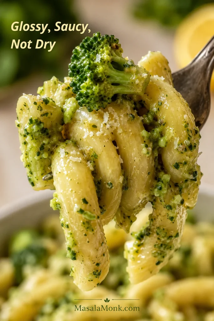 Close-up of glossy broccoli pasta lifted on a fork, with green broccoli sauce clinging to short pasta and text reading “Glossy, Saucy, Not Dry.”