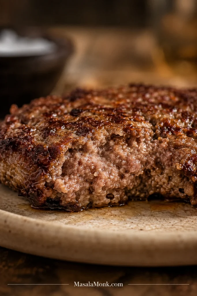 Close-up of a cooked beef burger patty with browned craggy edges and a juicy center visible from a cut side.