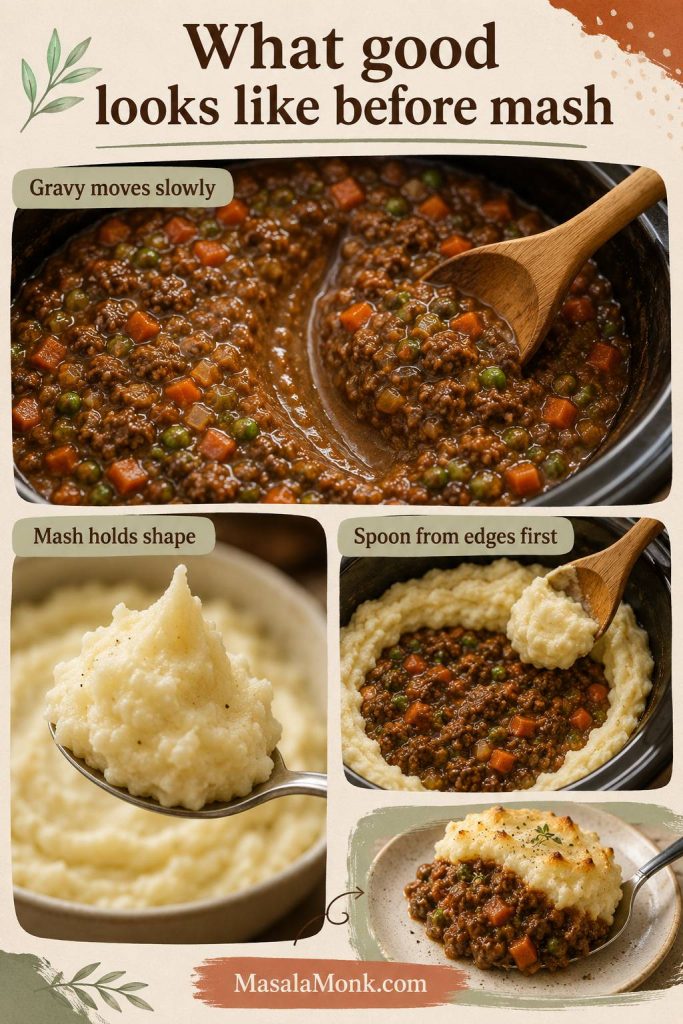 Visual guide showing a spoon trail in cottage pie filling, mash holding its shape, and mashed potato being spooned around the edges.