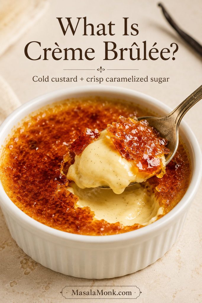 Spoon lifting silky vanilla custard through a broken amber sugar crust in a white crème brûlée ramekin.