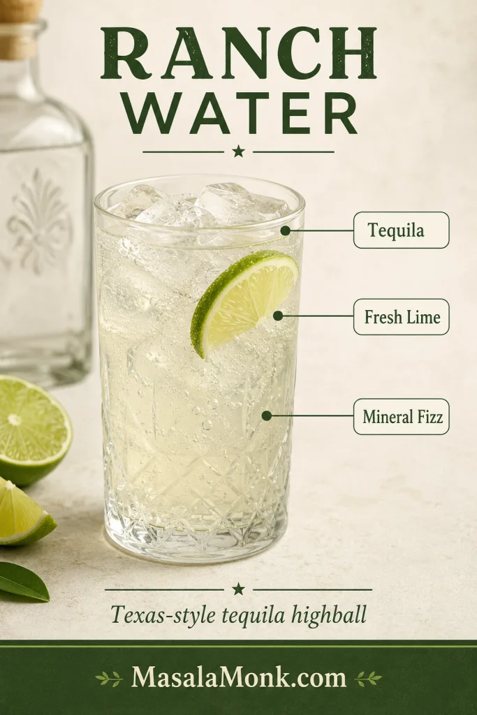 Ranch Water explainer graphic showing a clear lime cocktail with callouts for tequila, fresh lime, and mineral fizz.