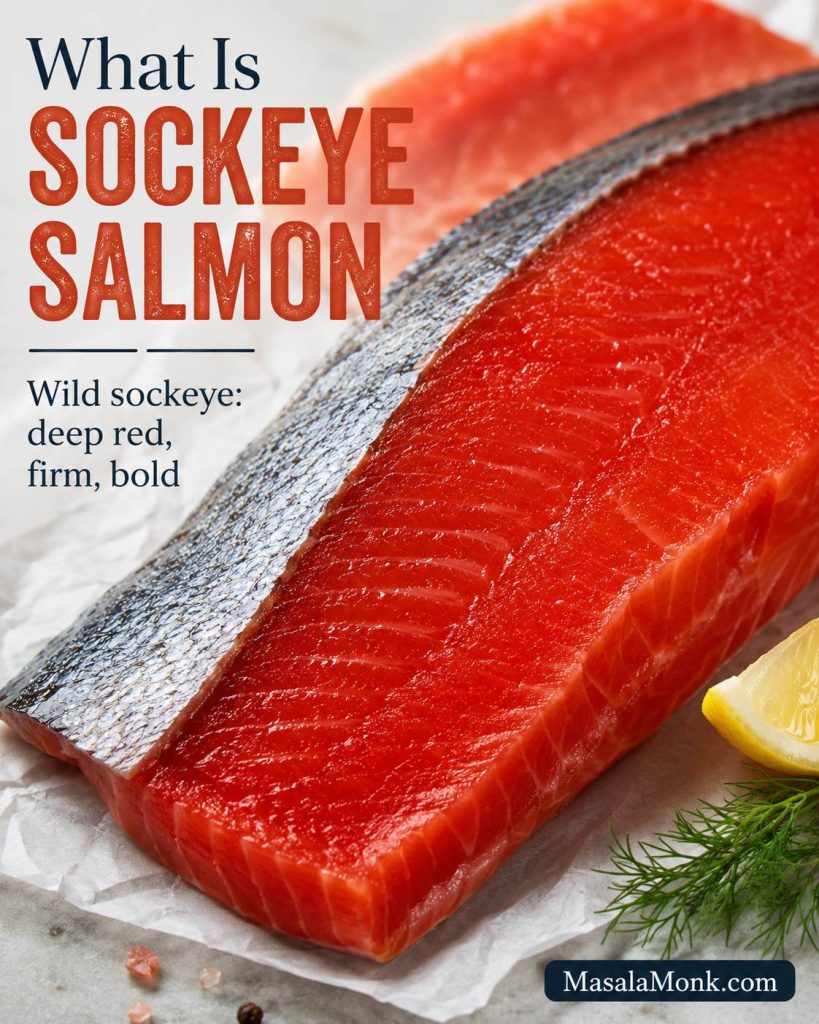 Raw sockeye salmon fillet with deep red-orange flesh and a visible skin edge.