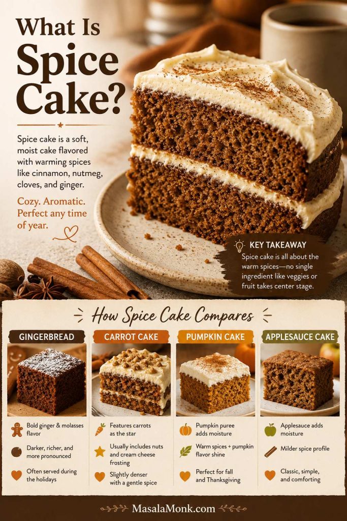 Spice cake guide with a frosted slice and smaller comparison sections for gingerbread, carrot cake, pumpkin cake, and applesauce cake.