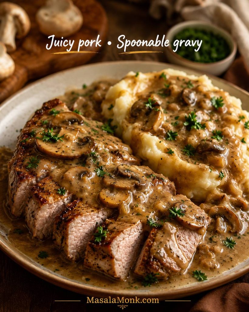 Sliced pork chop with creamy mushroom gravy, visible mushrooms, parsley, and mashed potatoes on a warm plate.