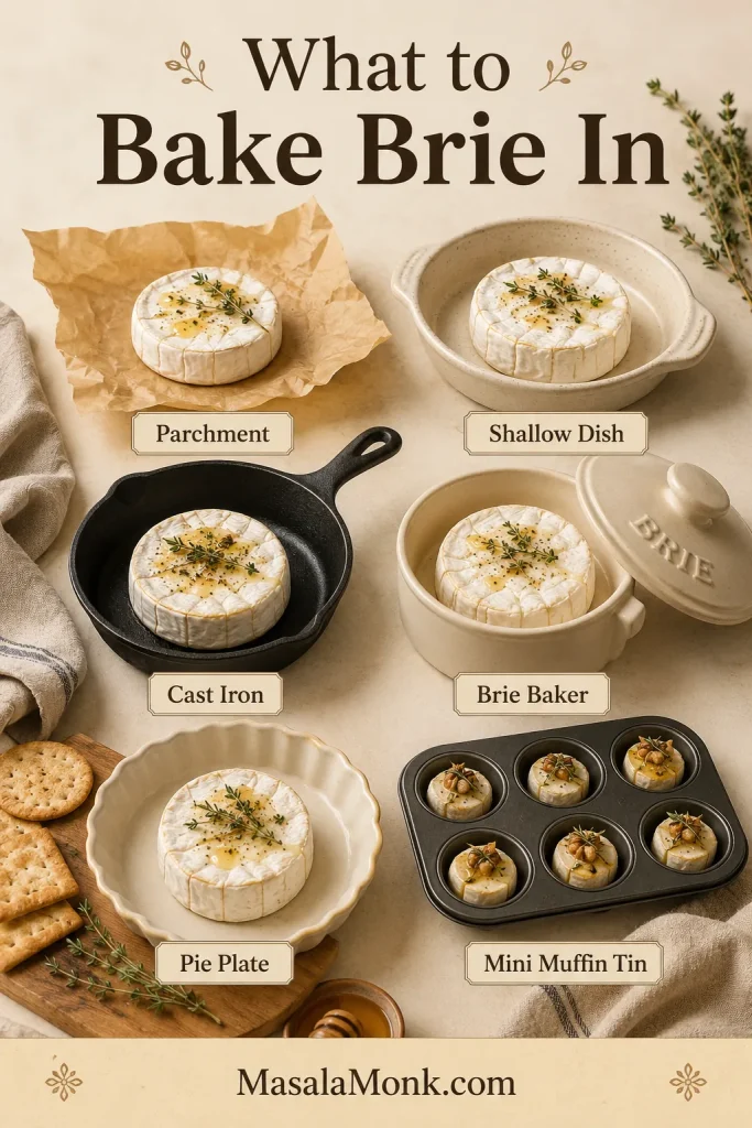 Equipment guide showing parchment, shallow dish, cast iron skillet, brie baker, pie plate, and mini muffin tin for baking brie.