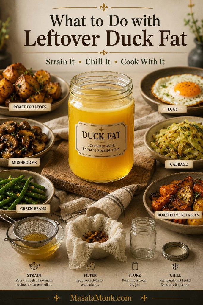 Jar of clean golden duck fat surrounded by roast potatoes, eggs, mushrooms, cabbage, green beans, roasted vegetables, strainer, and jars.