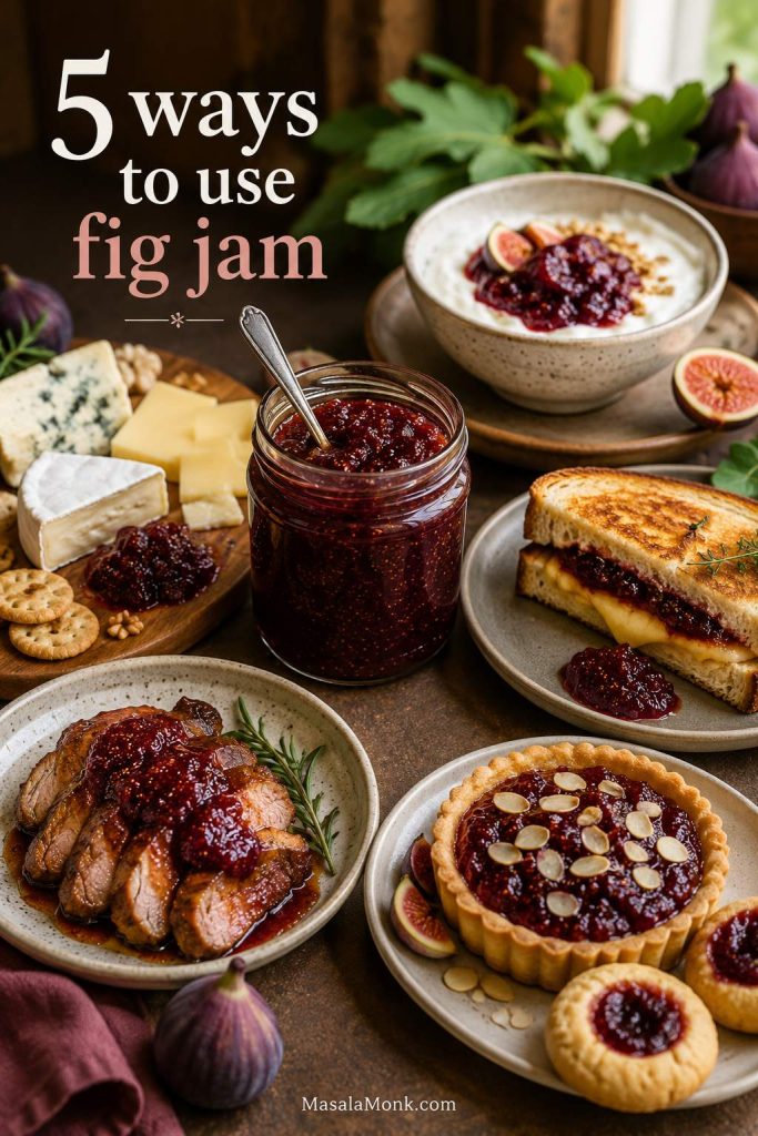 Fig jam served with yogurt, cheese and crackers, grilled cheese, pork, tart, and cookies.