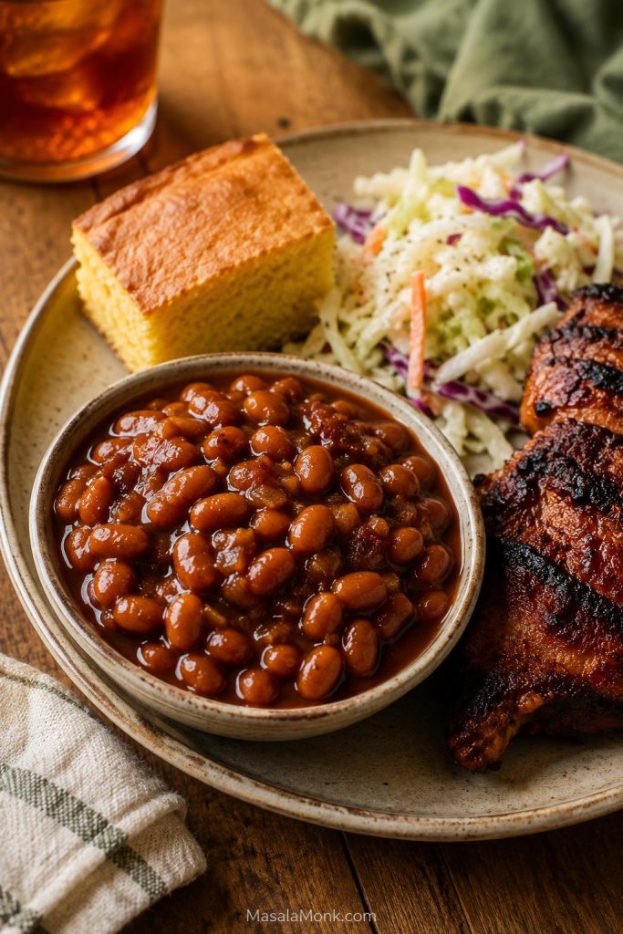 Baked beans served with slaw, cornbread, and grilled meat.