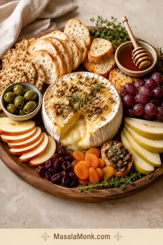 Baked brie serving board with crackers, sliced baguette, apples, pears, grapes, olives, dried fruit, honey, herbs, and crostini.