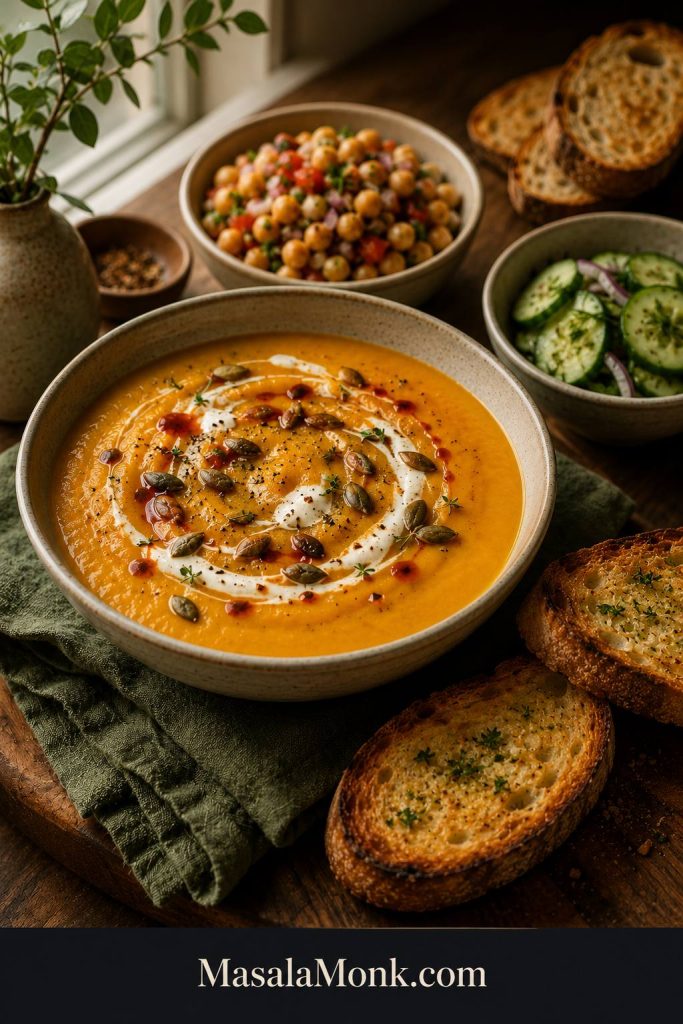 Butternut squash soup served with garlic toast, cucumber salad, chickpea salad, and rustic bread on a cozy table.
