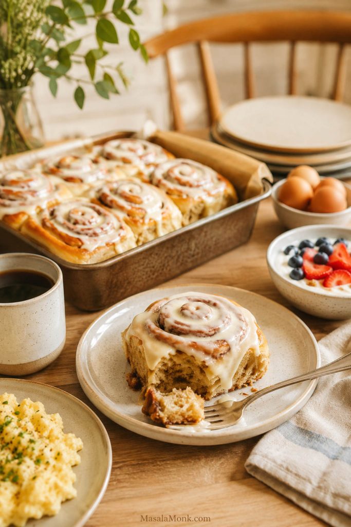 Cinnamon rolls served for brunch with coffee, fruit, and a simple breakfast side
