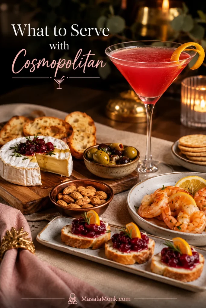 Cosmopolitan cocktail served with cheese, crostini, shrimp, olives, salted nuts, and crackers.
