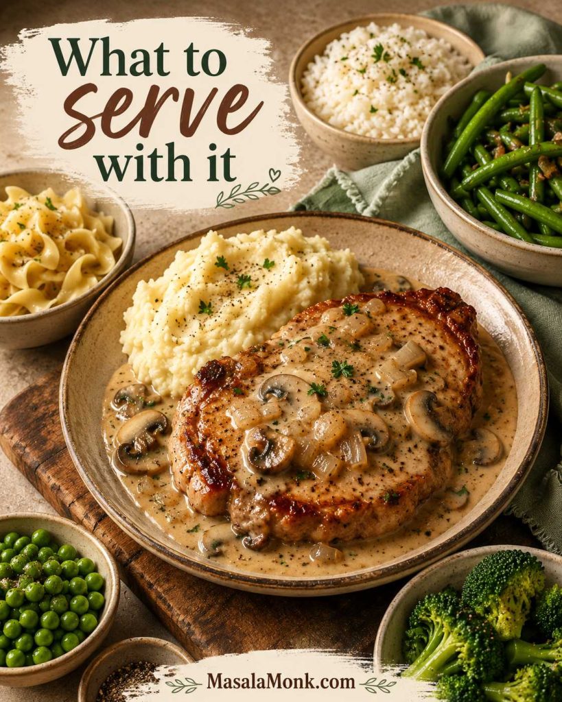 Serving plate of cream of mushroom pork chops with mashed potatoes, rice, egg noodles, green beans, peas, and broccoli as side options.
