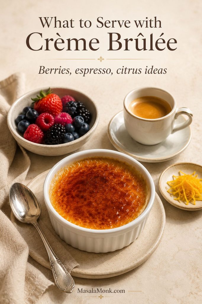 Crème brûlée served with berries on the side, an espresso cup, citrus zest, and a silver spoon.