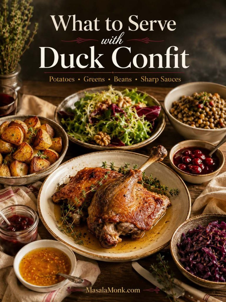Duck confit served with roasted potatoes, bitter greens, beans or lentils, red cabbage, and several sharp sauces.