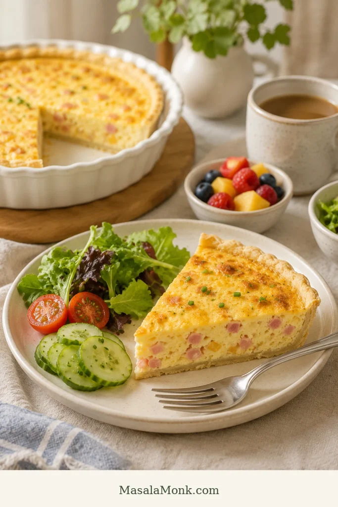 Plated slice of ham and cheese quiche served with greens, cucumber slices, tomatoes, fruit, and coffee on a brunch table.
