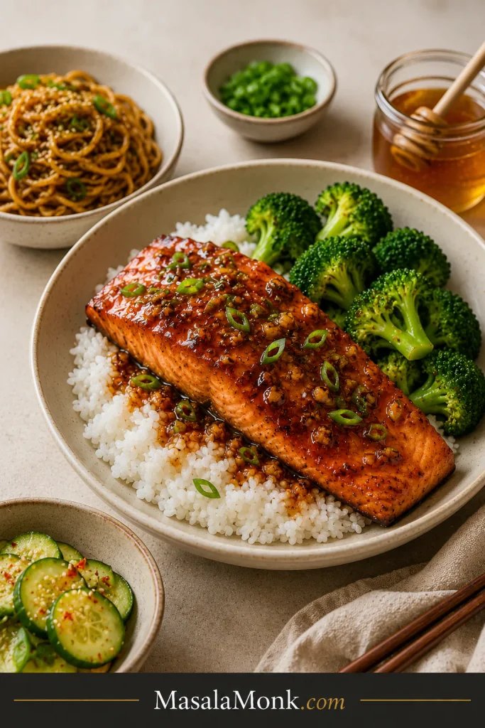 Honey garlic salmon served with rice, broccoli, cucumber salad, noodles, and bowl toppings.