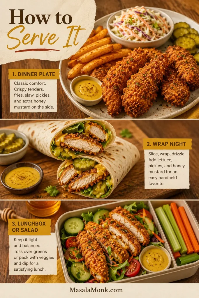 Three serving ideas for honey mustard chicken tenders: dinner plate with fries and slaw, chicken wrap, and lunchbox salad.