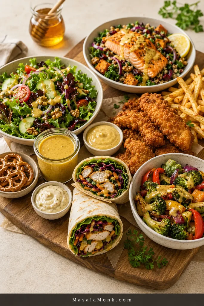 Serving board with honey mustard dressing, green salad, salmon bowl, fries, cooked crispy chicken tenders, roasted vegetables, wraps, pretzels, and dipping sauces.
