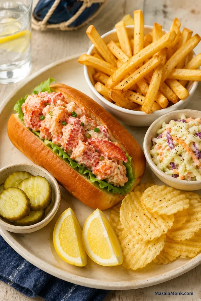 Lobster roll served on a plate with French fries, coleslaw, pickles, potato chips, lemon wedges, and a blue napkin.