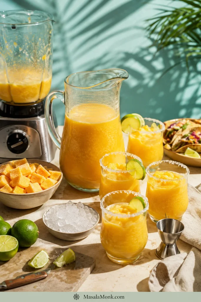 Mango daiquiri served with shrimp tacos, mango salsa, tortilla chips, guacamole, grilled corn, lime wedges, and cilantro on a sunlit table.