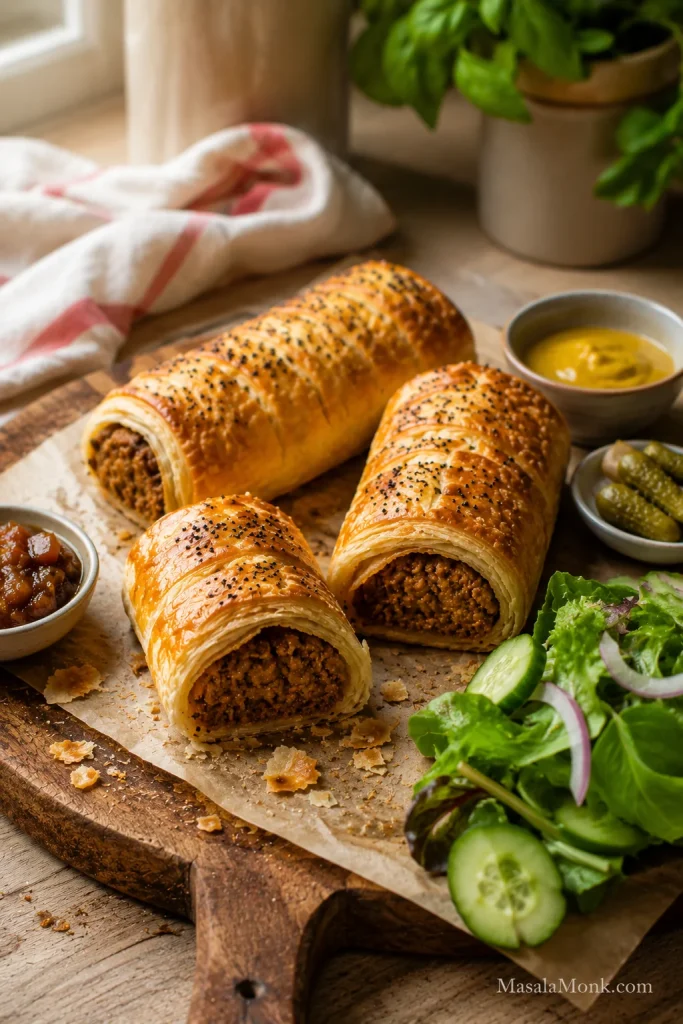Warm sausage rolls served on a wooden board with mustard, chutney, pickles, and green salad.