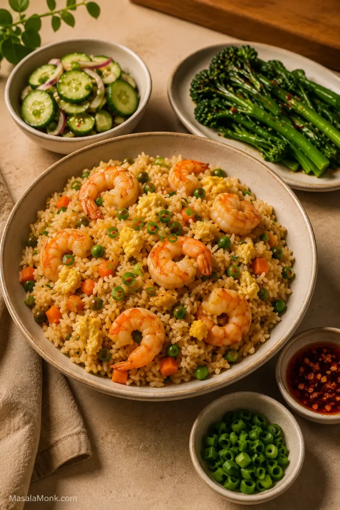 Shrimp fried rice served with cucumber salad, broccolini, chili crisp, scallions, and small side dishes.