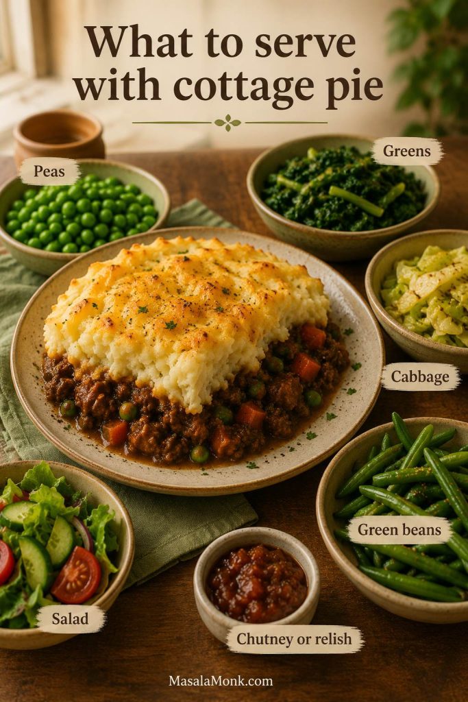 Serving spread with cottage pie, peas, greens, cabbage, green beans, salad, and chutney or relish.