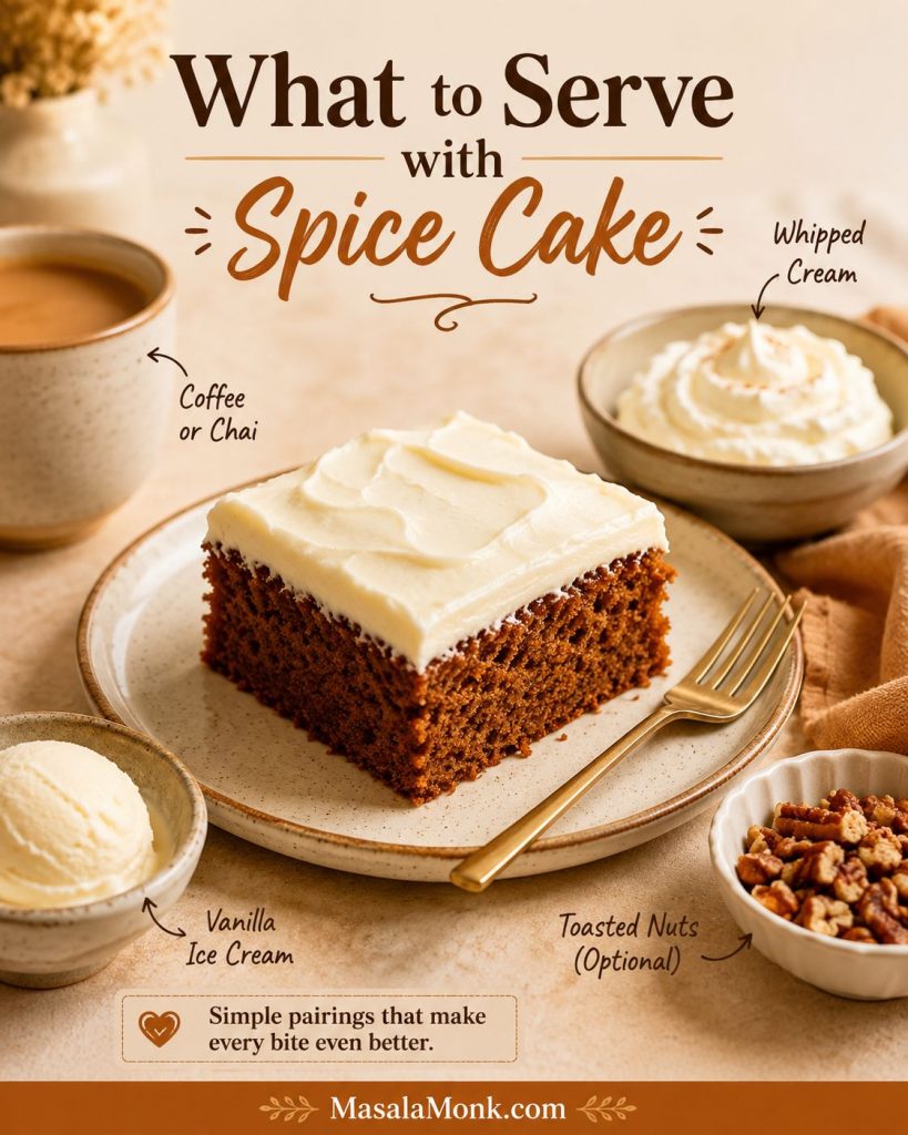 Frosted spice cake square on a plate with coffee or chai, whipped cream, vanilla ice cream, and optional toasted nuts nearby.