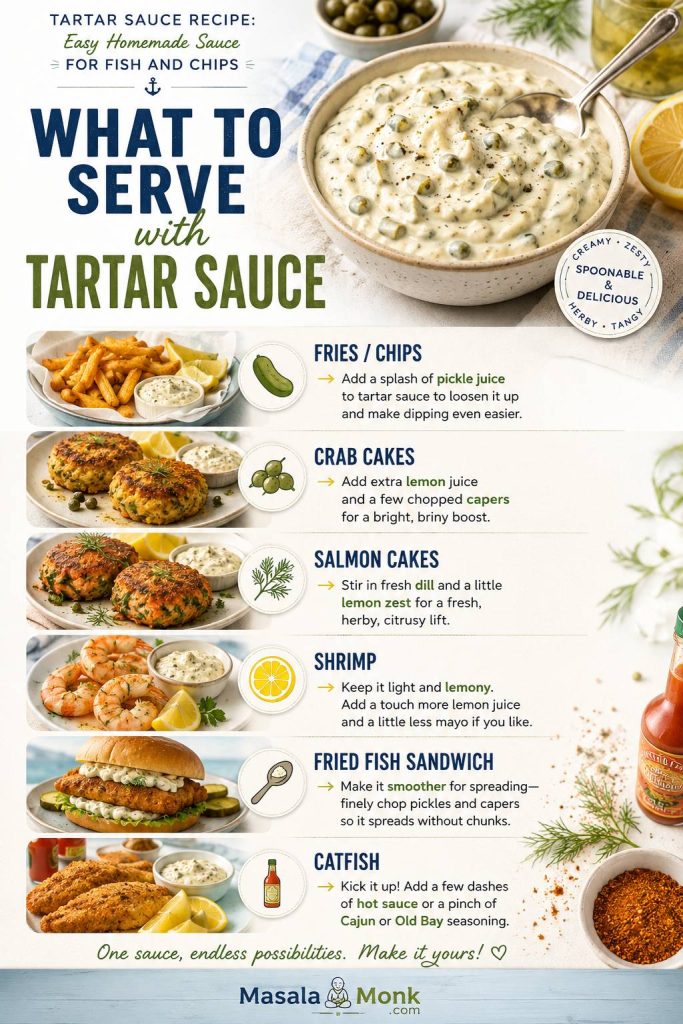 Serving guide showing tartar sauce with fries, crab cakes, salmon cakes, shrimp, a fried fish sandwich, and catfish