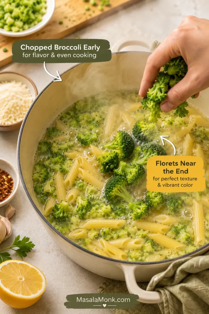 A hand adding broccoli florets to a pot of pasta and chopped broccoli, with text explaining “Chopped Broccoli Early” and “Florets Near the End.”