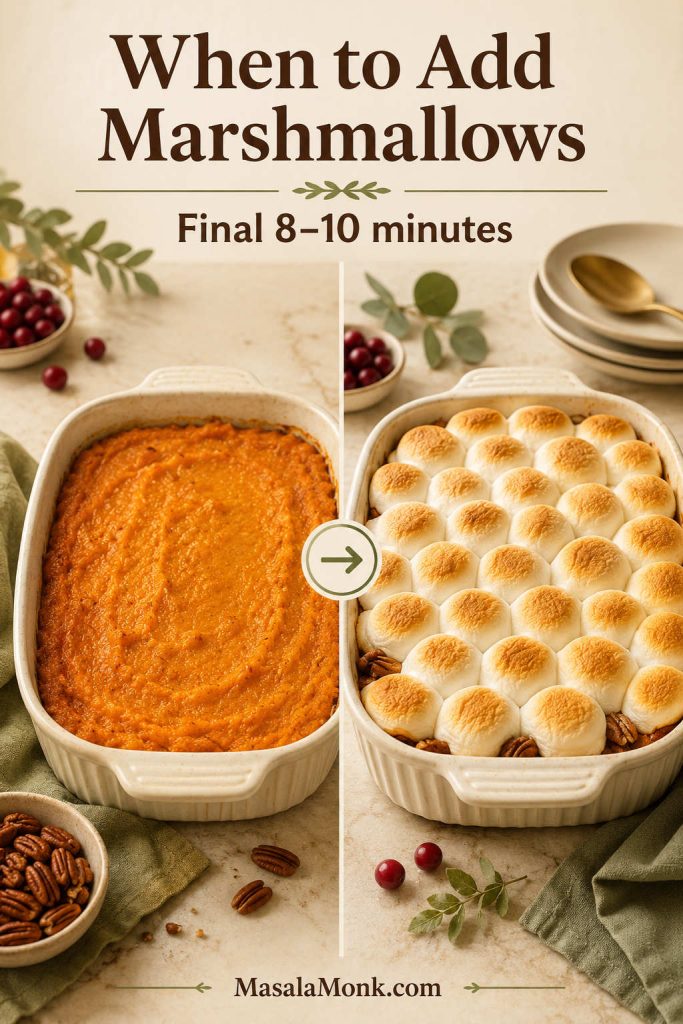 Before and after guide showing plain hot sweet potato casserole before marshmallows and toasted marshmallows after the final 8 to 10 minutes