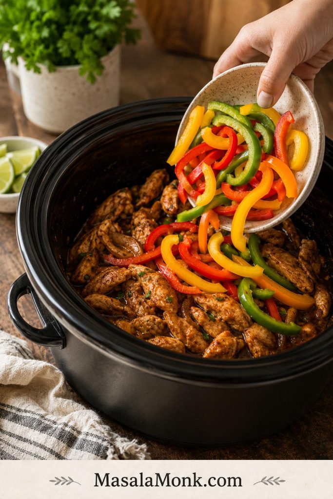 Fresh sliced red, yellow, orange, and green bell peppers being added to cooked chicken fajitas in a slow cooker.