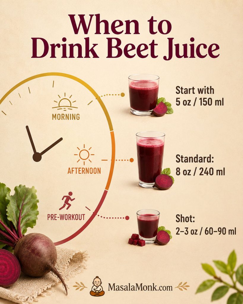 Timing and serving-size guide for beet juice with morning, afternoon, pre-workout cues and 5 ounce, 8 ounce, and 2–3 ounce serving sizes.
