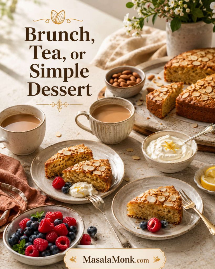 Almond cake served with tea, berries, and cream on a warm table setting.