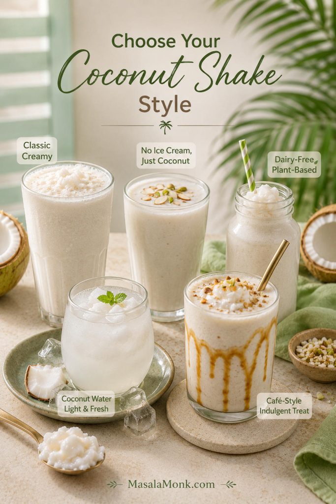 Five coconut shake styles arranged together: classic creamy, no ice cream, dairy-free, coconut water, and café-style.