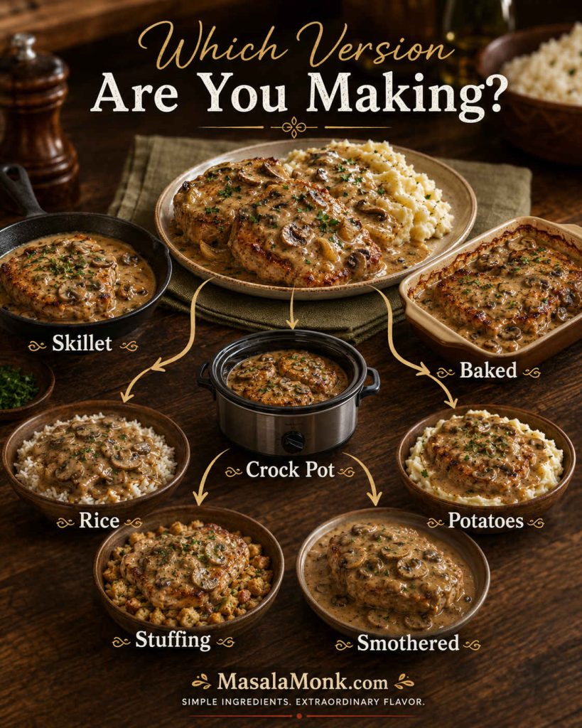 Visual chooser showing skillet, baked, crock pot, rice, potato, stuffing, and smothered cream of mushroom pork chop versions.