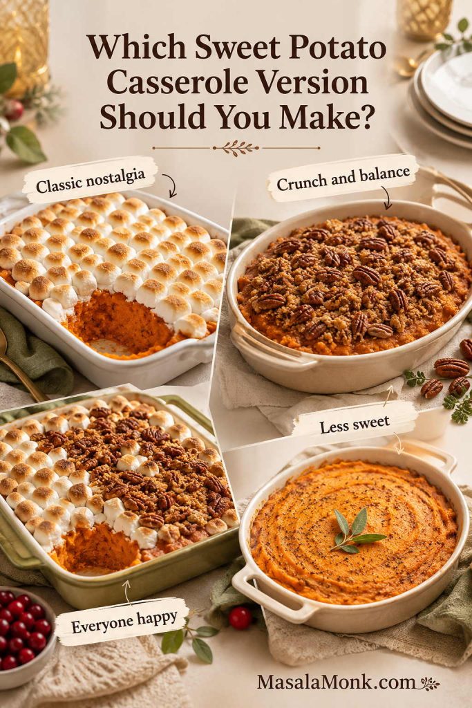Decision guide showing four sweet potato casserole versions: marshmallow topping, pecan streusel, both toppings, and a less-sweet no-marshmallow option