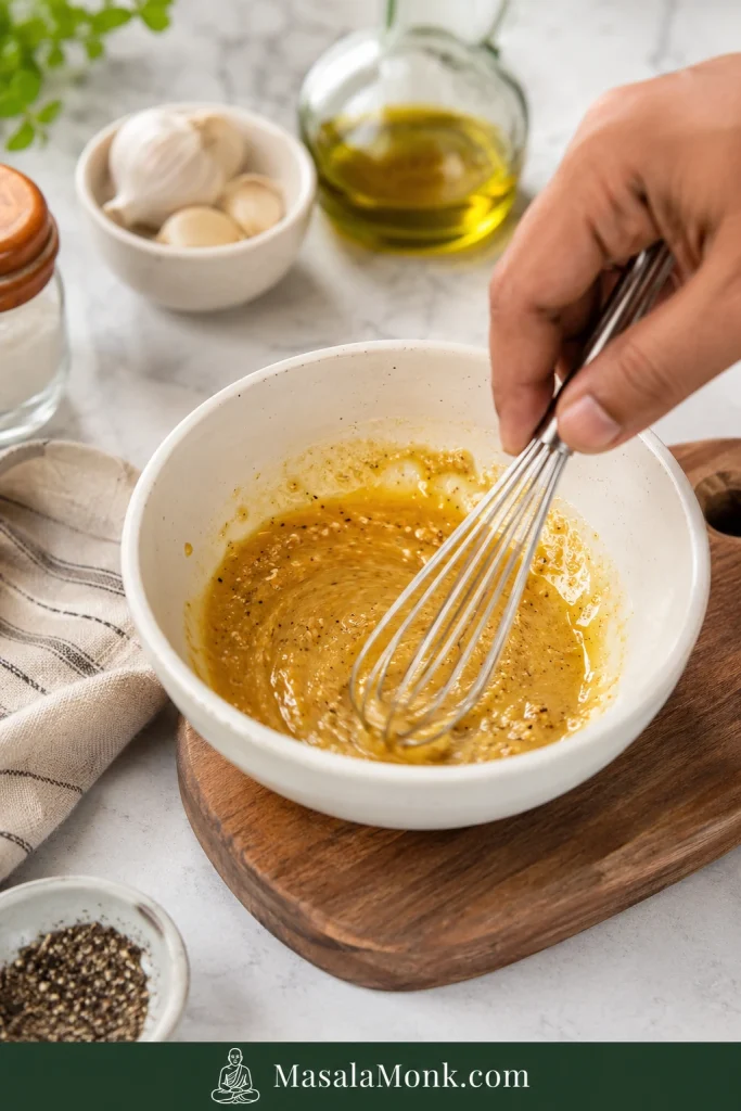 A hand whisking Dijon mustard, honey, vinegar, salt, pepper, and garlic in a white bowl before olive oil is added.