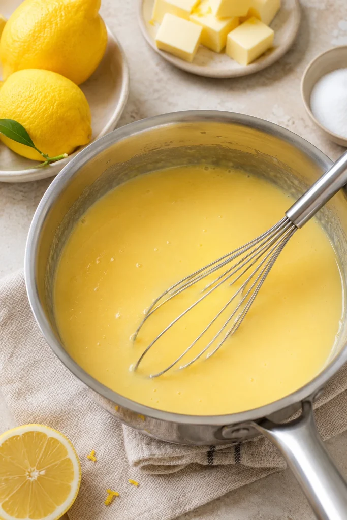 Lemon curd ingredients whisked smooth in a stainless steel saucepan before cooking.
