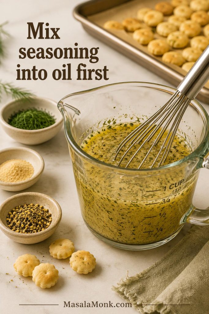 Dry ranch seasoning, dill, garlic powder, and lemon pepper being whisked into oil in a glass bowl.
