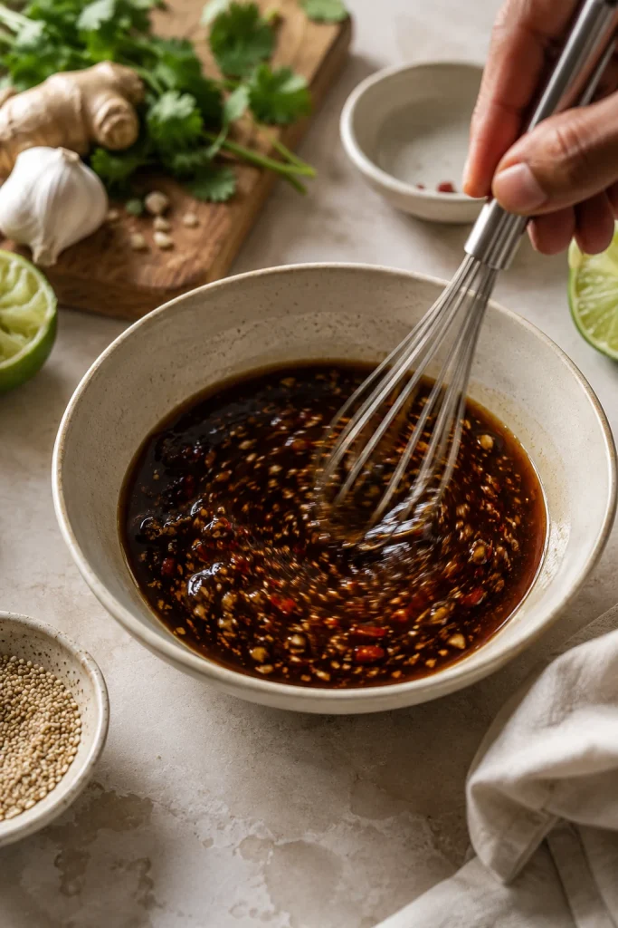 Soy sauce, lime juice, rice vinegar, chili sauce, ginger, garlic and sesame oil being whisked in a bowl before peanut butter is added.