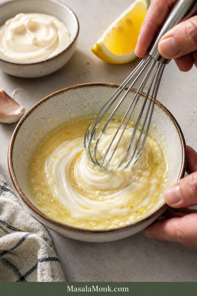 Mayonnaise being whisked into a garlic and lemon mixture in a bowl with garlic cloves and lemon nearby.