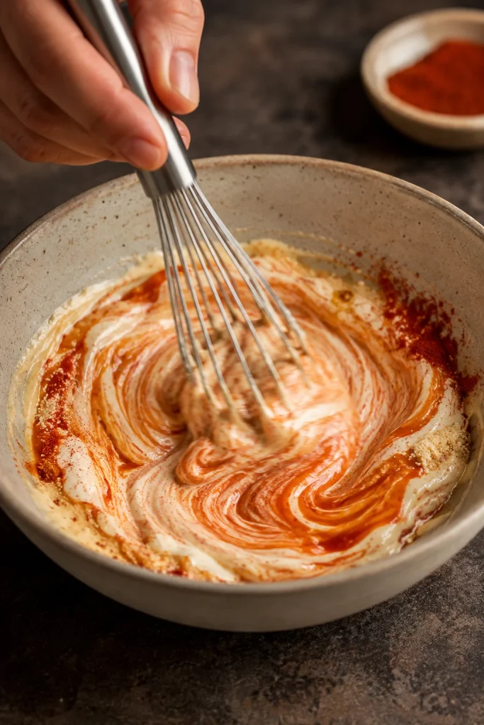 A hand whisking mayonnaise, ketchup, vinegar, sugar, garlic powder, onion powder, paprika, and salt in a ceramic bowl to make yum yum sauce.